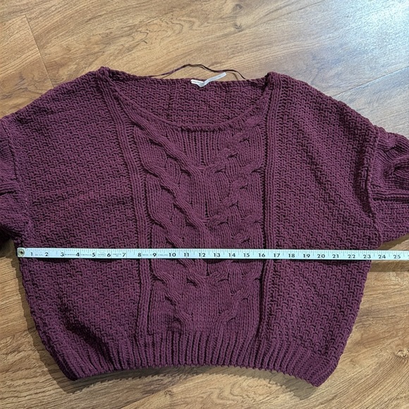 Free People Women Small Burgundy Knot Ribbed Crew Boar Neckline Sweater - Picture 9 of 12